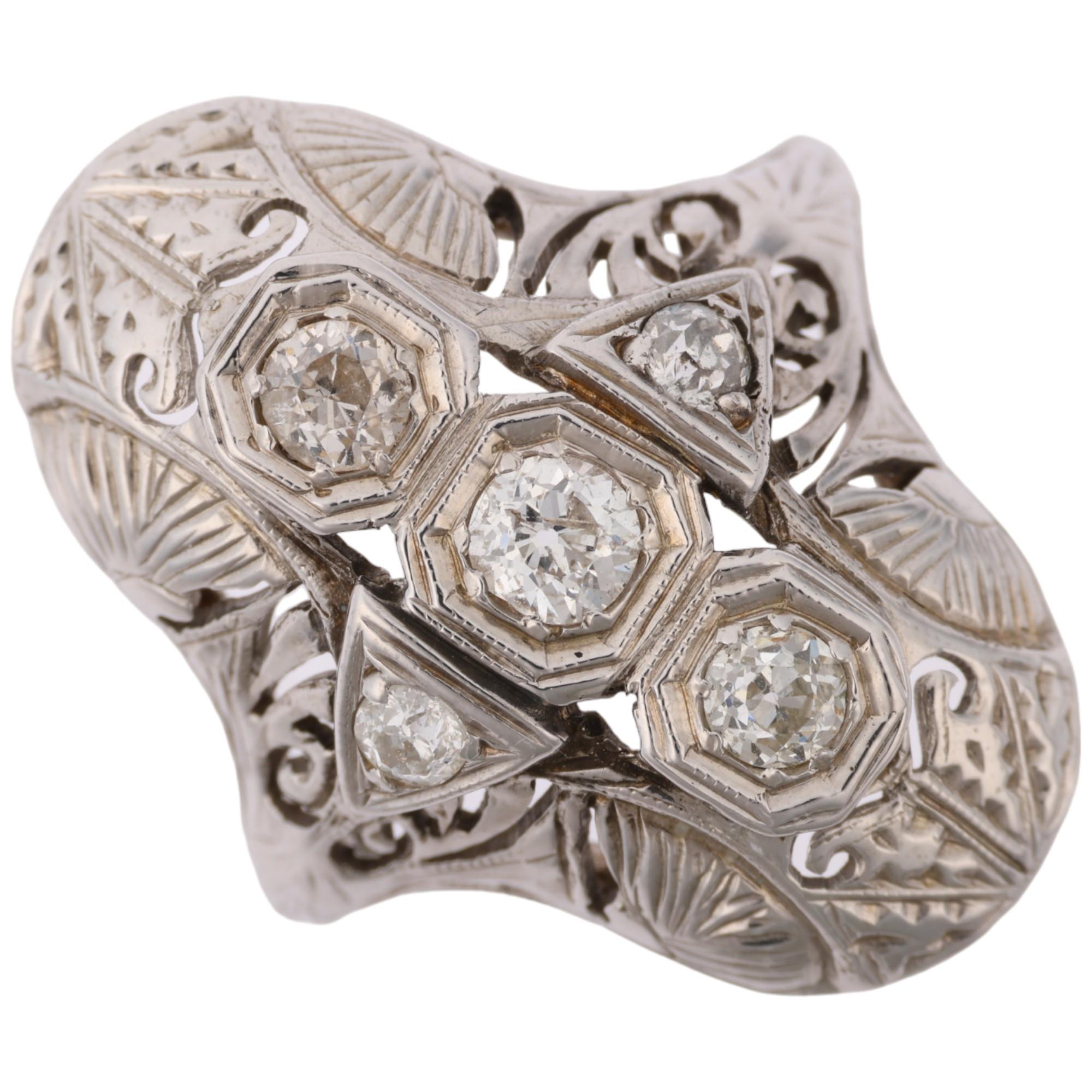 An Art Deco style 18ct white gold diamond panel cocktail ring, set with old European-cut diamonds