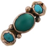 A Victorian three stone turquoise dress ring, apparently unmarked, setting height 6.4mm, size M, 2.
