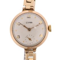 CYMA - a lady's 9ct gold mechanical wristwatch, circa 1950s, silvered dial with gilt eighthly Arabic