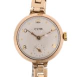 CYMA - a lady's 9ct gold mechanical wristwatch, circa 1950s, silvered dial with gilt eighthly Arabic