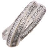 A Continental 18ct white gold diamond crossover band ring, ridge set with baguette-cut diamonds,