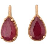 A pair of 9ct gold ruby earrings, each set with 5ct pear-cut ruby, with stud fittings, 21.9mm, 5.