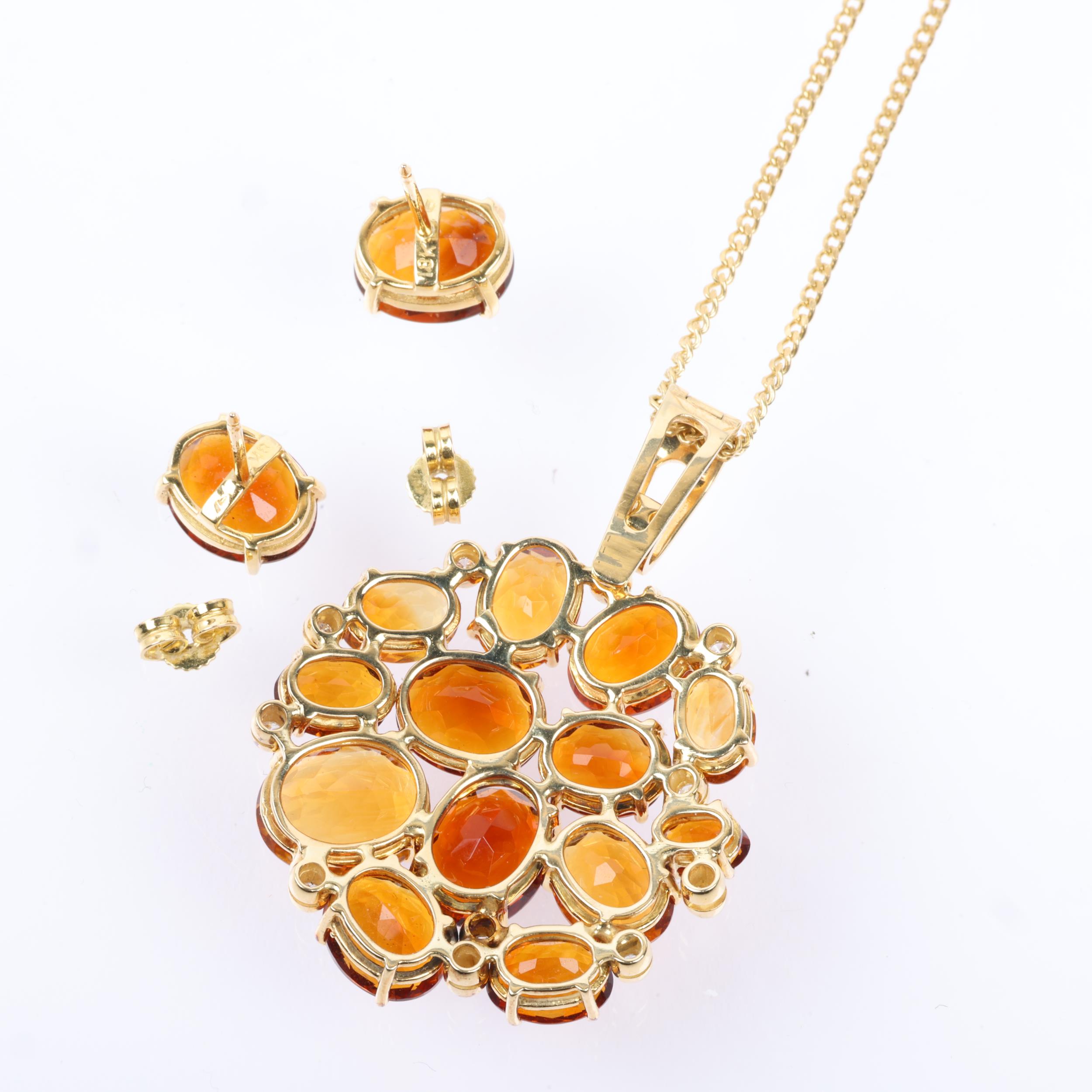 An 18ct gold citrine and diamond cluster pendant necklace and earring set, set with vari-hue oval - Image 3 of 4