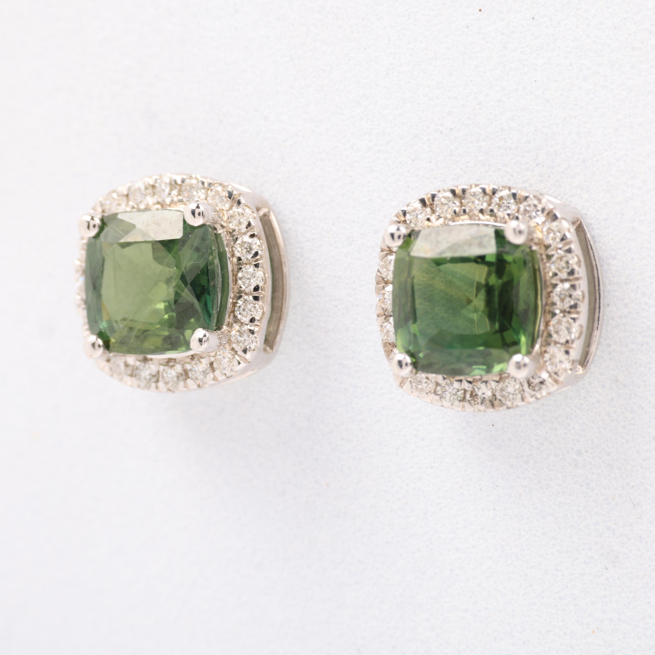 A pair of 9ct white gold demantoid garnet and diamond square cluster earrings, set with modern round - Image 2 of 4