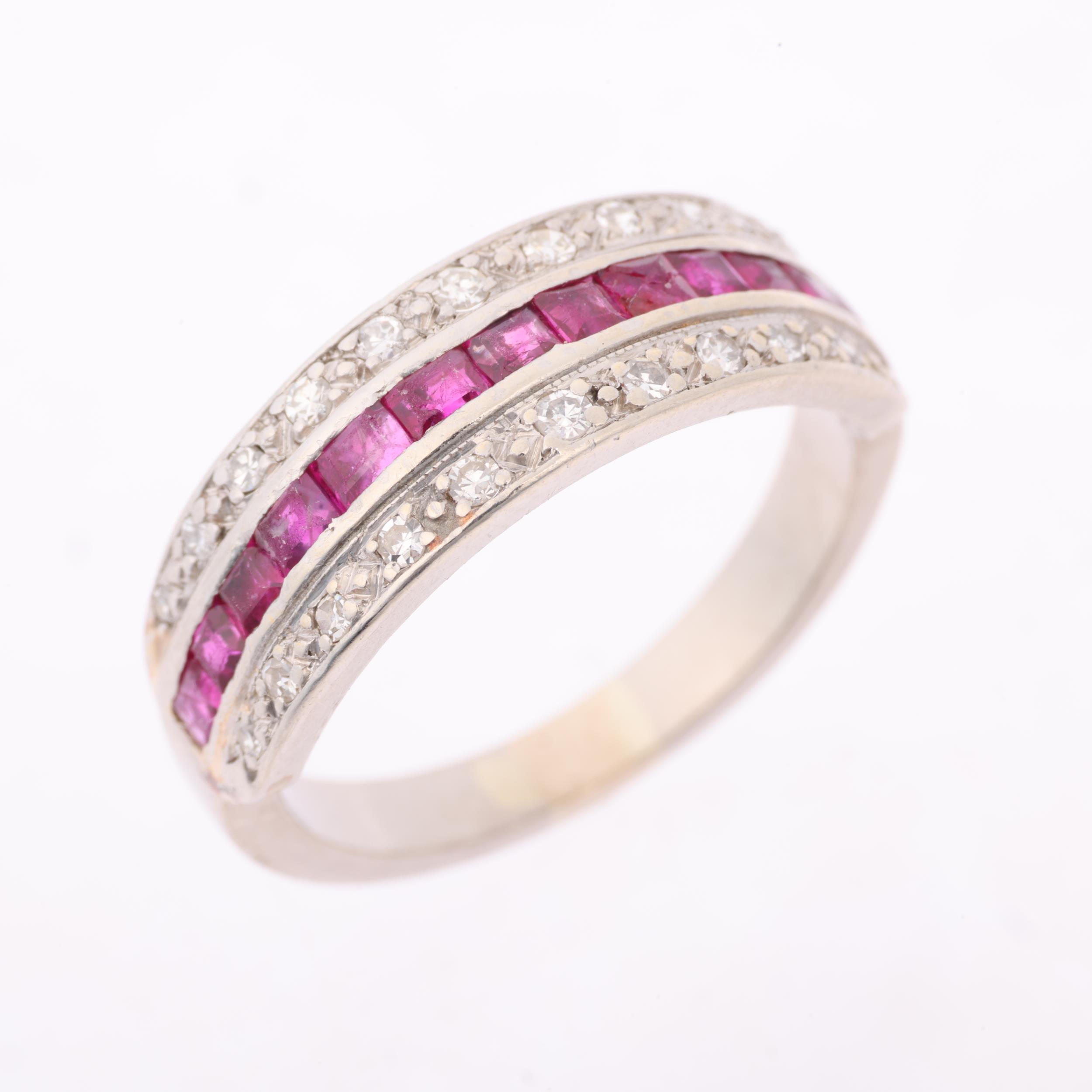 An Art Deco ruby and diamond triple row half eternity ring, circa 1925, channel and pave set with - Image 2 of 4