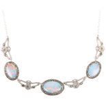 A Vintage sterling silver opal doublet and marcasite fringe necklace, 40cm, 9.9g Condition Report: 6