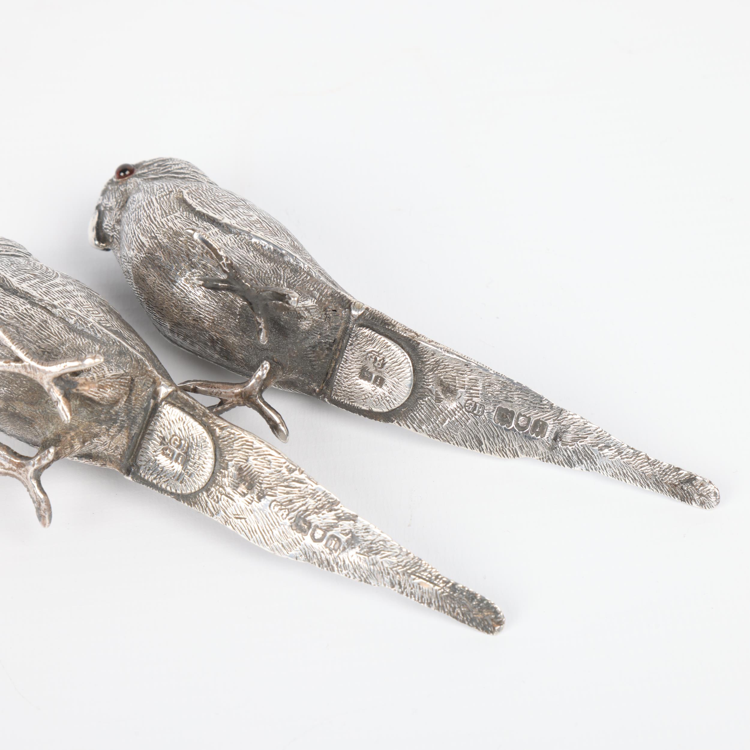 A pair of Edwardian novelty silver figural budgerigar bird pepperettes, George Bedingham, London - Image 2 of 3