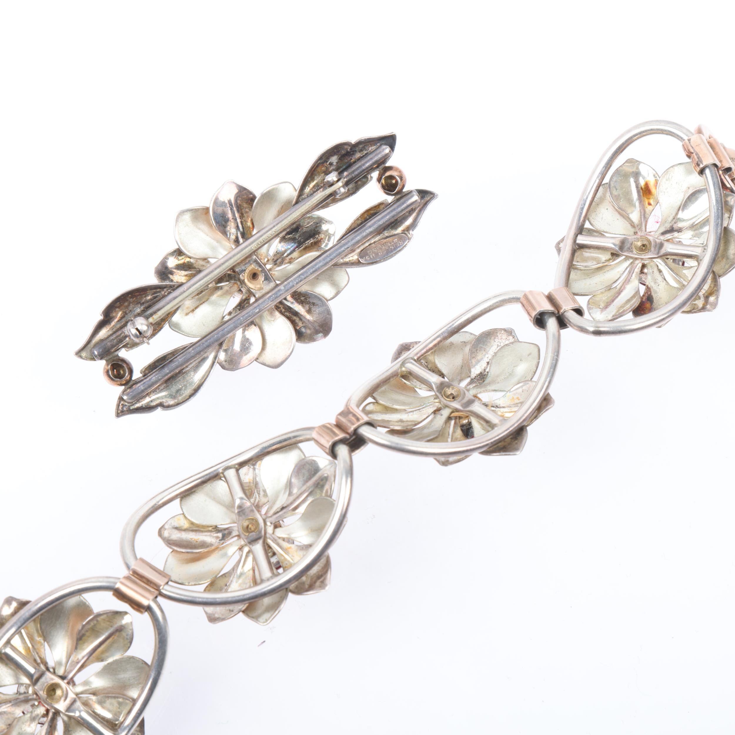 KREISLER - an American sterling silver-gilt stone set flowerhead panel bracelet and brooch set, - Image 3 of 3