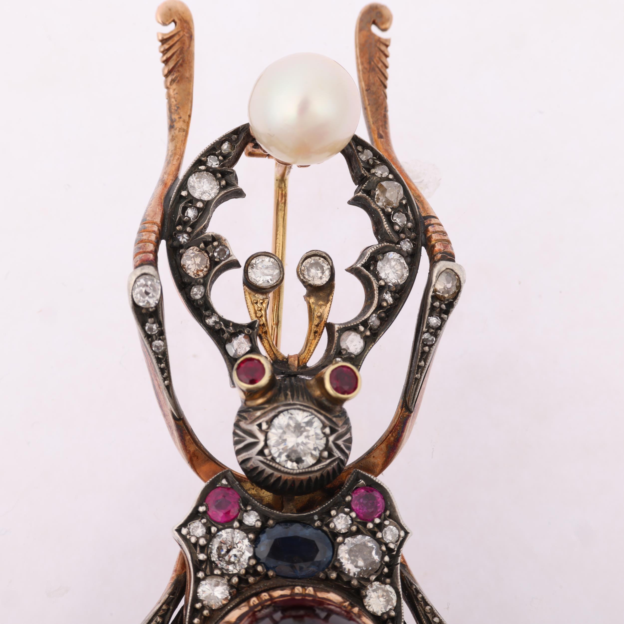 A large Russian 56 zolotnik (14k gold) and silver gem set figural beetle brooch, with Workmaster - Image 2 of 4