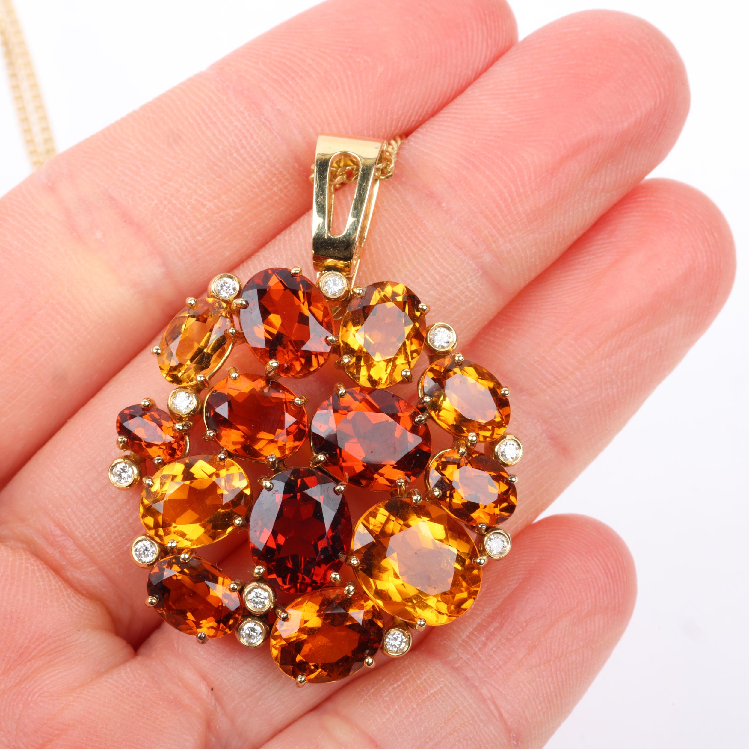 An 18ct gold citrine and diamond cluster pendant necklace and earring set, set with vari-hue oval - Image 4 of 4