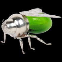 An Art Deco novelty silver plated green glass figural bee honeypot, circa 1930, 15cm Condition