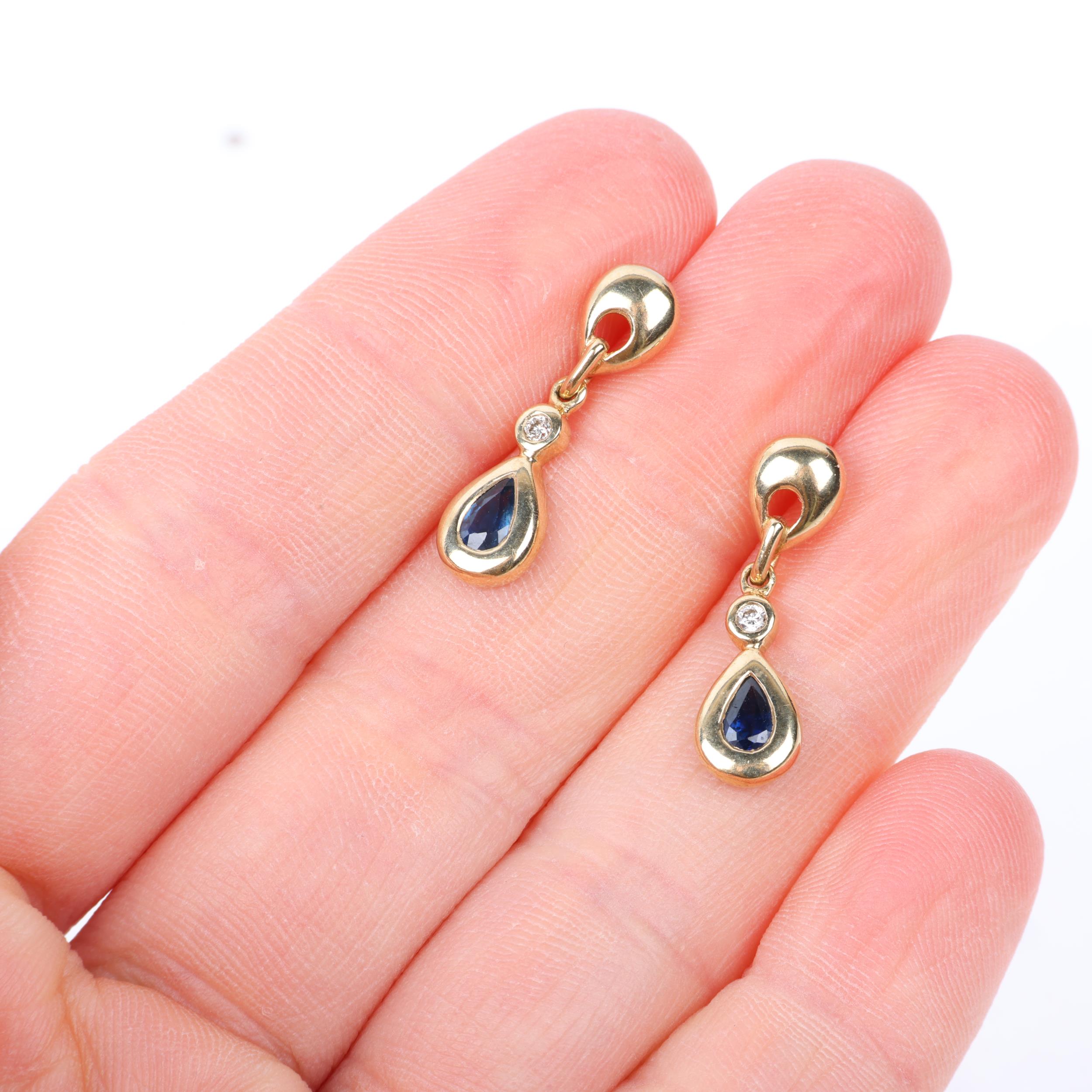 A pair of 9ct gold sapphire and diamond drop earrings, with stud fittings, 22.1mm, 2.1g Condition - Image 4 of 4