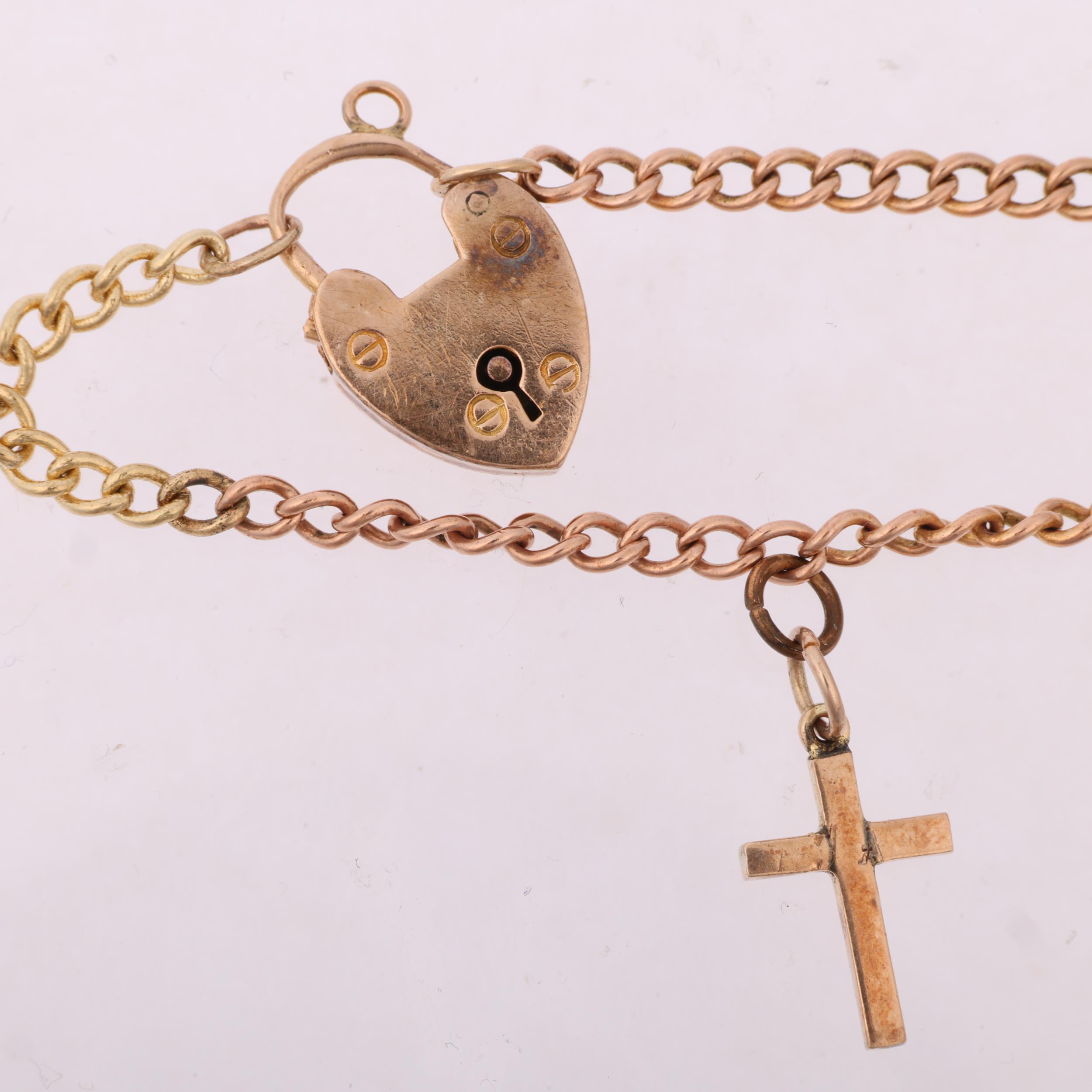 An early 20th century 9ct gold curb link chain bracelet, with unmarked gold cross charm and 9ct - Image 2 of 4