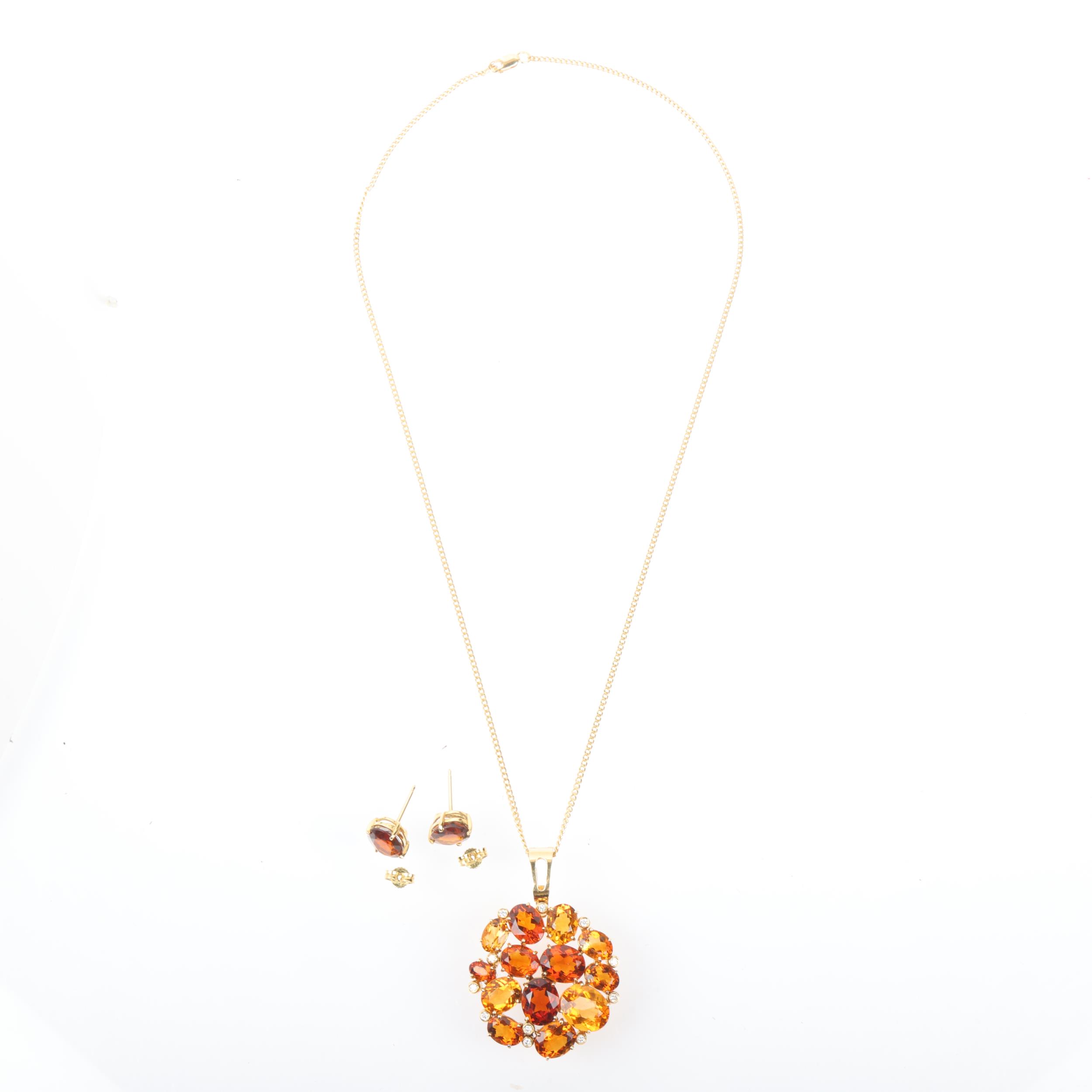 An 18ct gold citrine and diamond cluster pendant necklace and earring set, set with vari-hue oval - Image 2 of 4