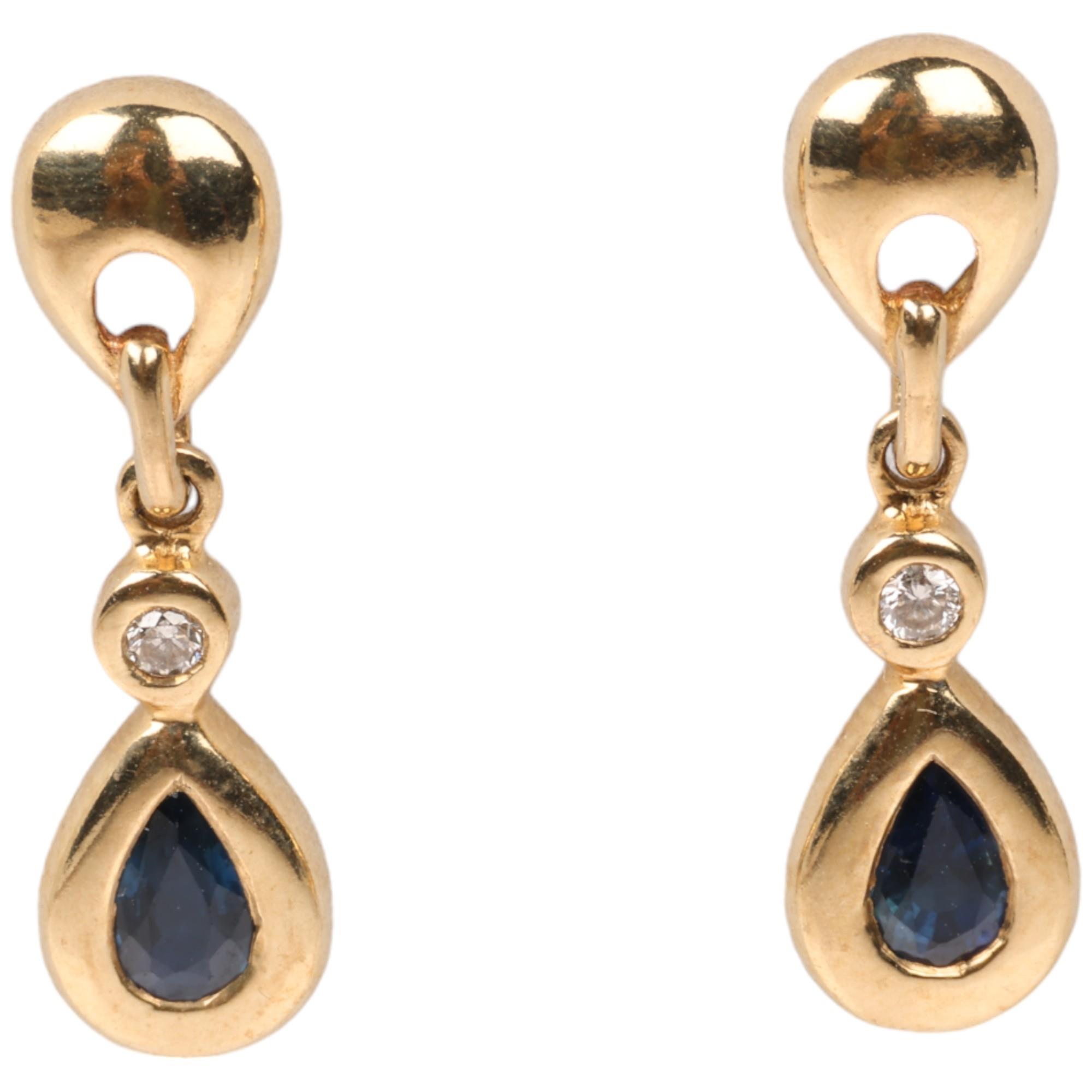 A pair of 9ct gold sapphire and diamond drop earrings, with stud fittings, 22.1mm, 2.1g Condition