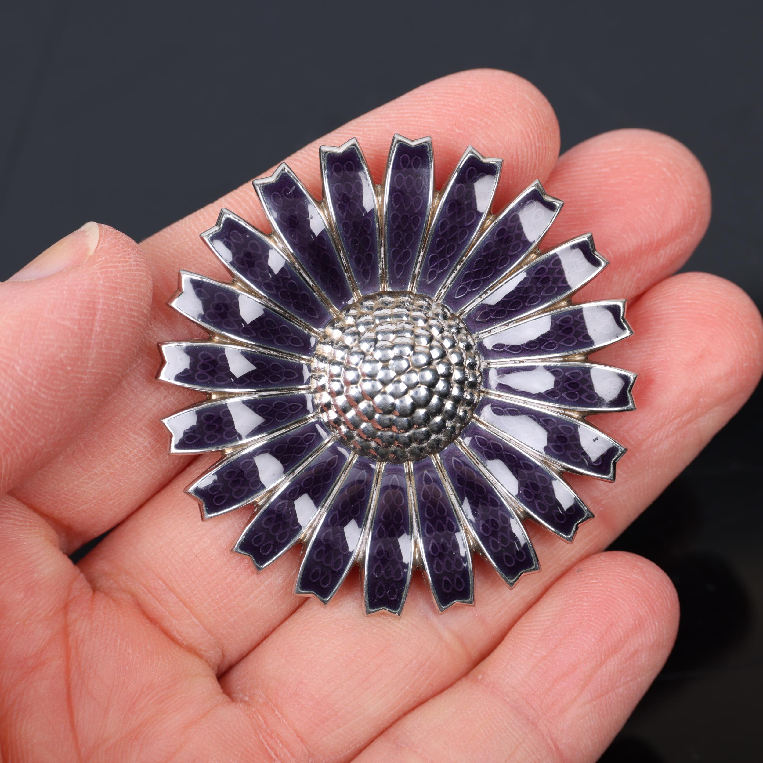 GEORG JENSEN - a modern Danish sterling silver and purple enamel daisy pattern pendant/brooch, - Image 4 of 4