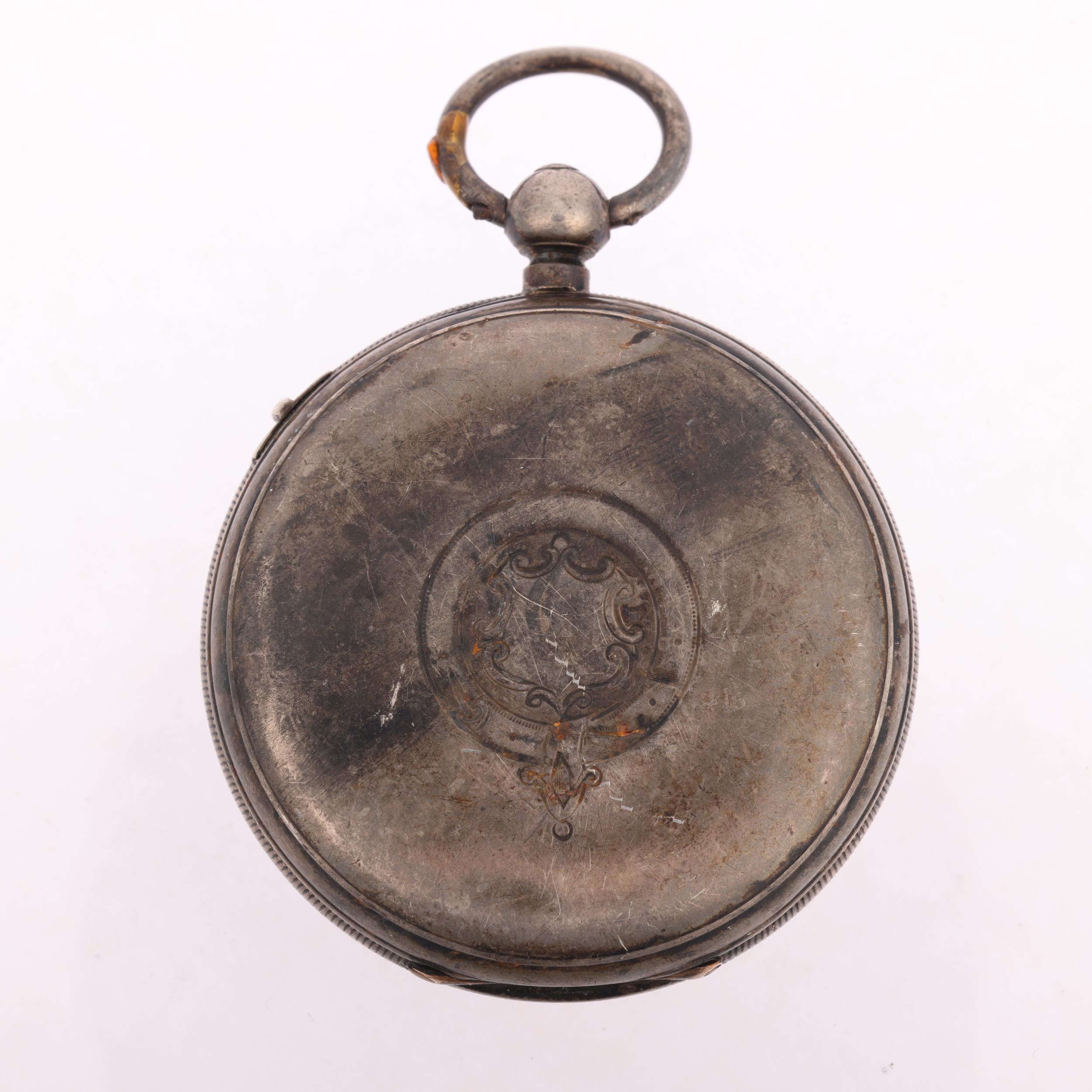 A 19th century silver-cased open-face key-wind chronograph pocket watch, white enamel dial with - Image 2 of 5