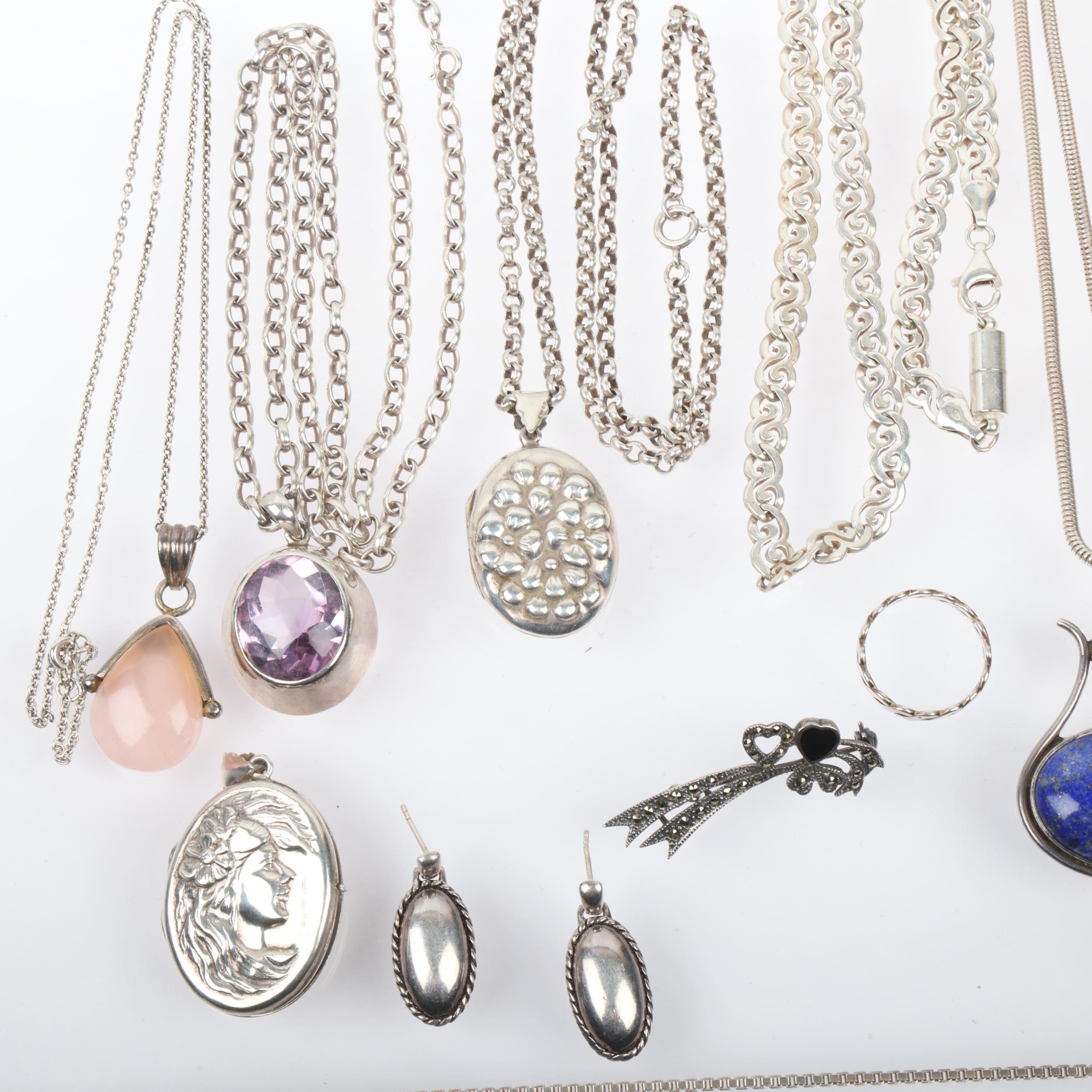 Various silver jewellery, including chain necklaces, Mackintosh style pendant necklace, locket, etc, - Image 2 of 3