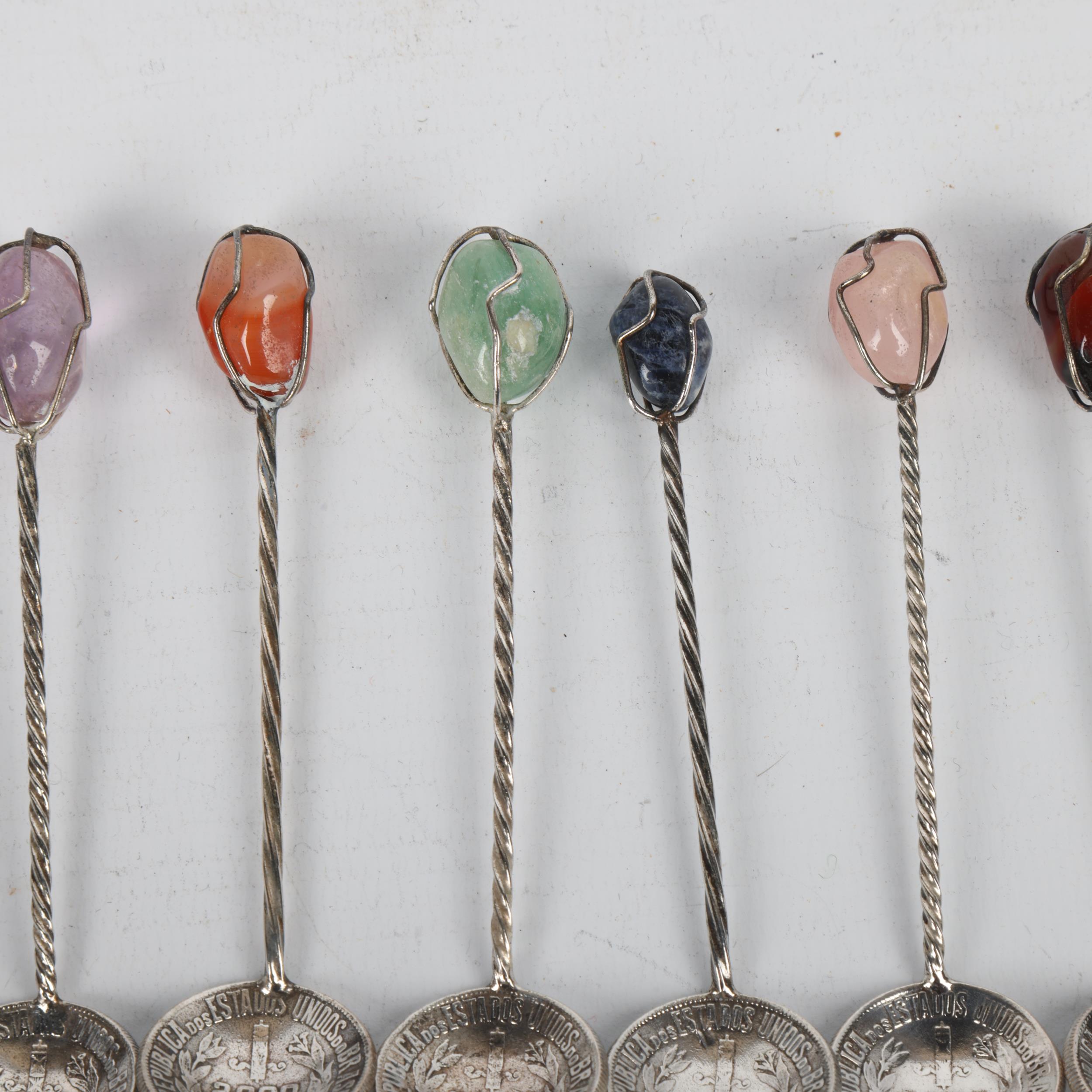 A set of 6 Brazilian silver 2000 Reis coin coffee spoons, each set with hardstone terminal and - Image 3 of 3