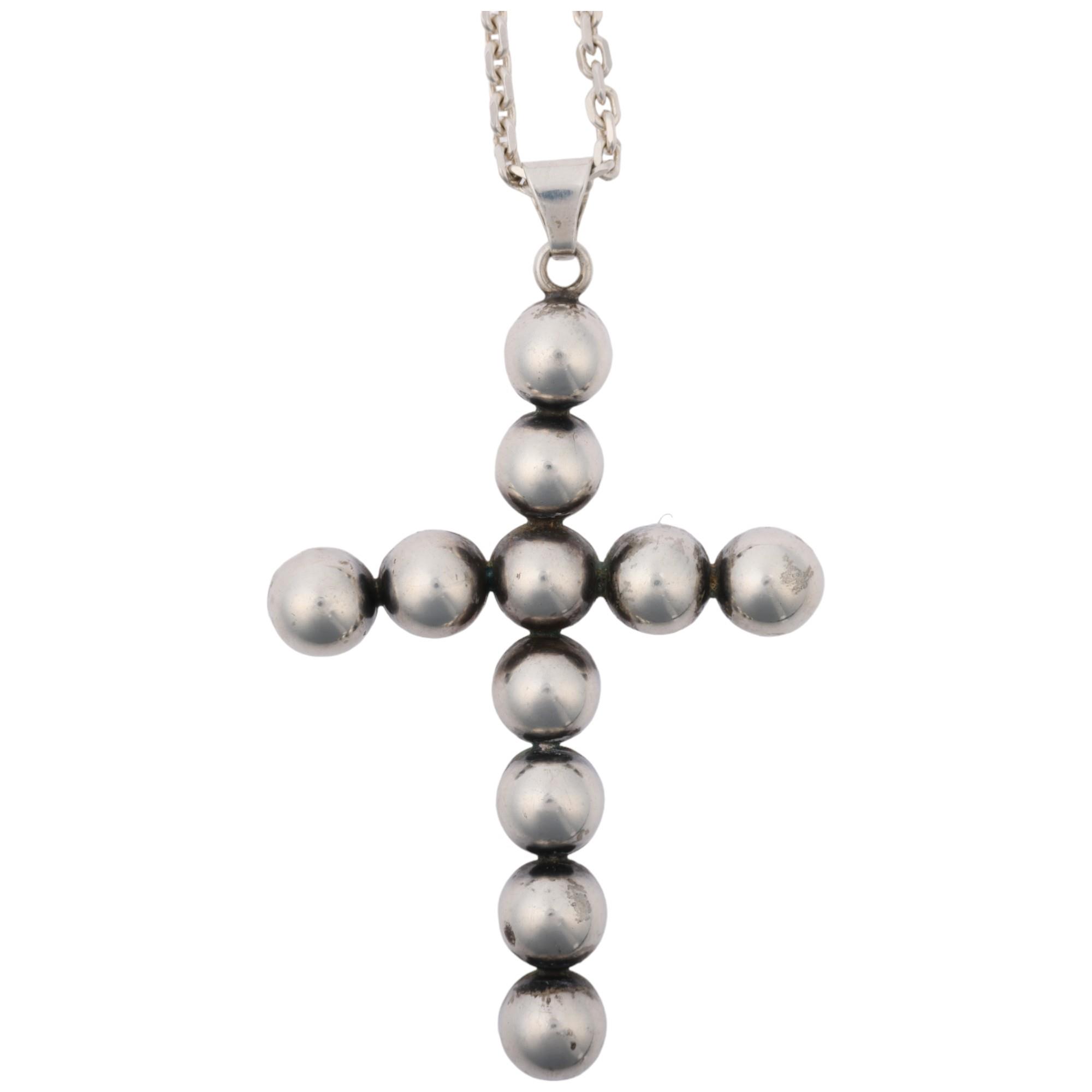 A large Danish modernist silver ball cross pendant necklace, maker JL possibly Hans Julius Larsen,