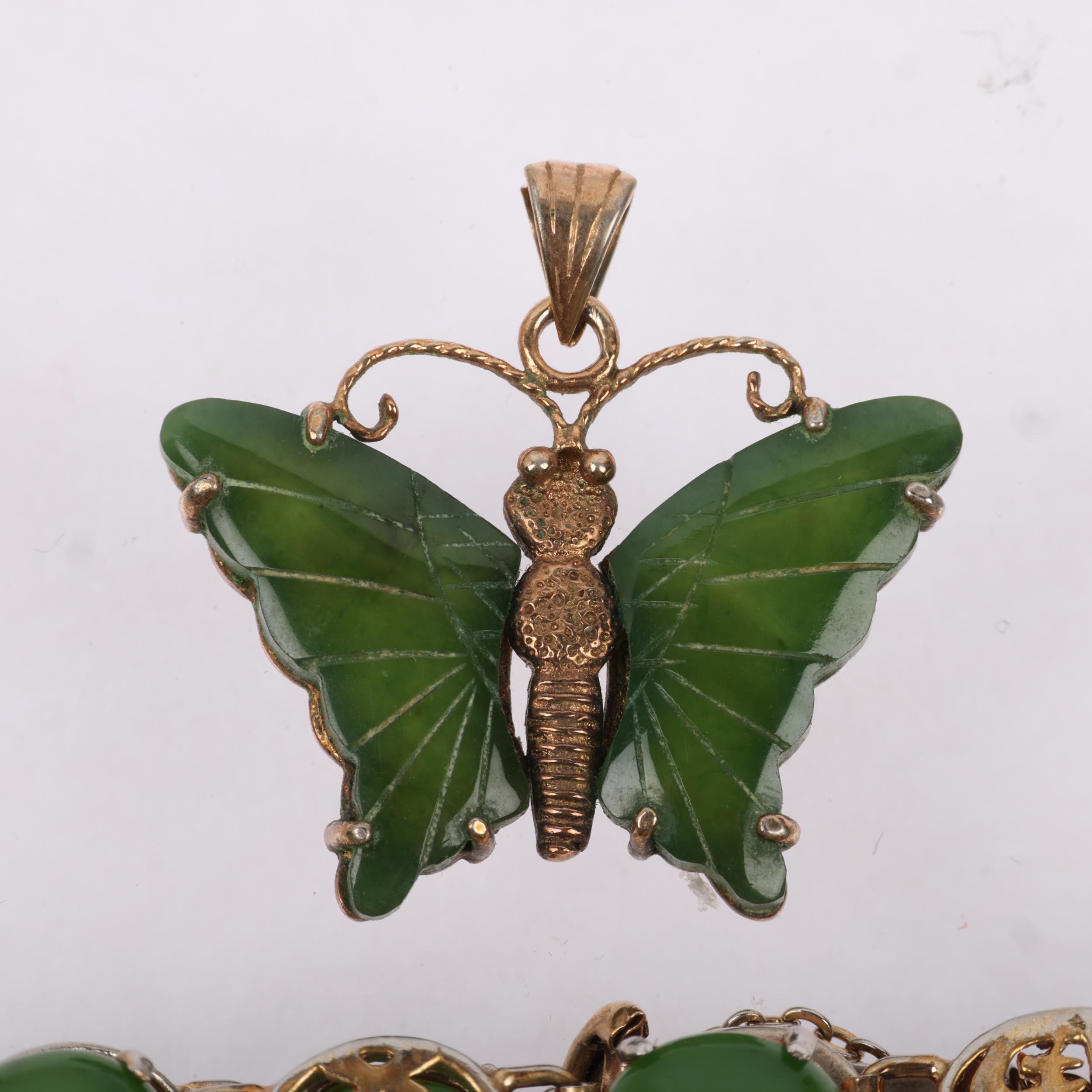 A Chinese silver-gilt jadeite panel bracelet and butterfly pendant, bracelet 17cm, pendant 26.5mm, - Image 2 of 3