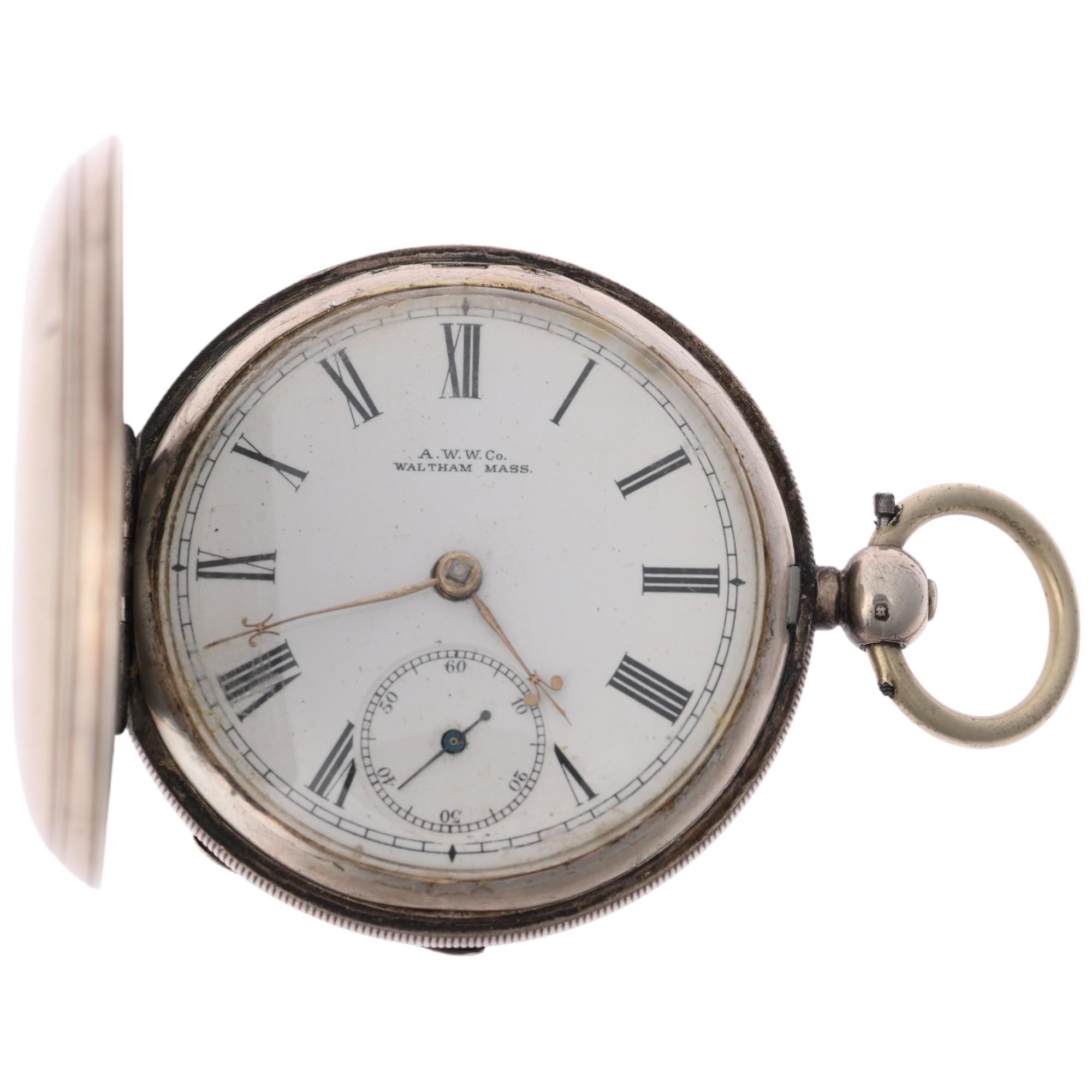 WALTHAM - a 19th century silver-cased full hunter key-wind pocket watch, white enamel dial with