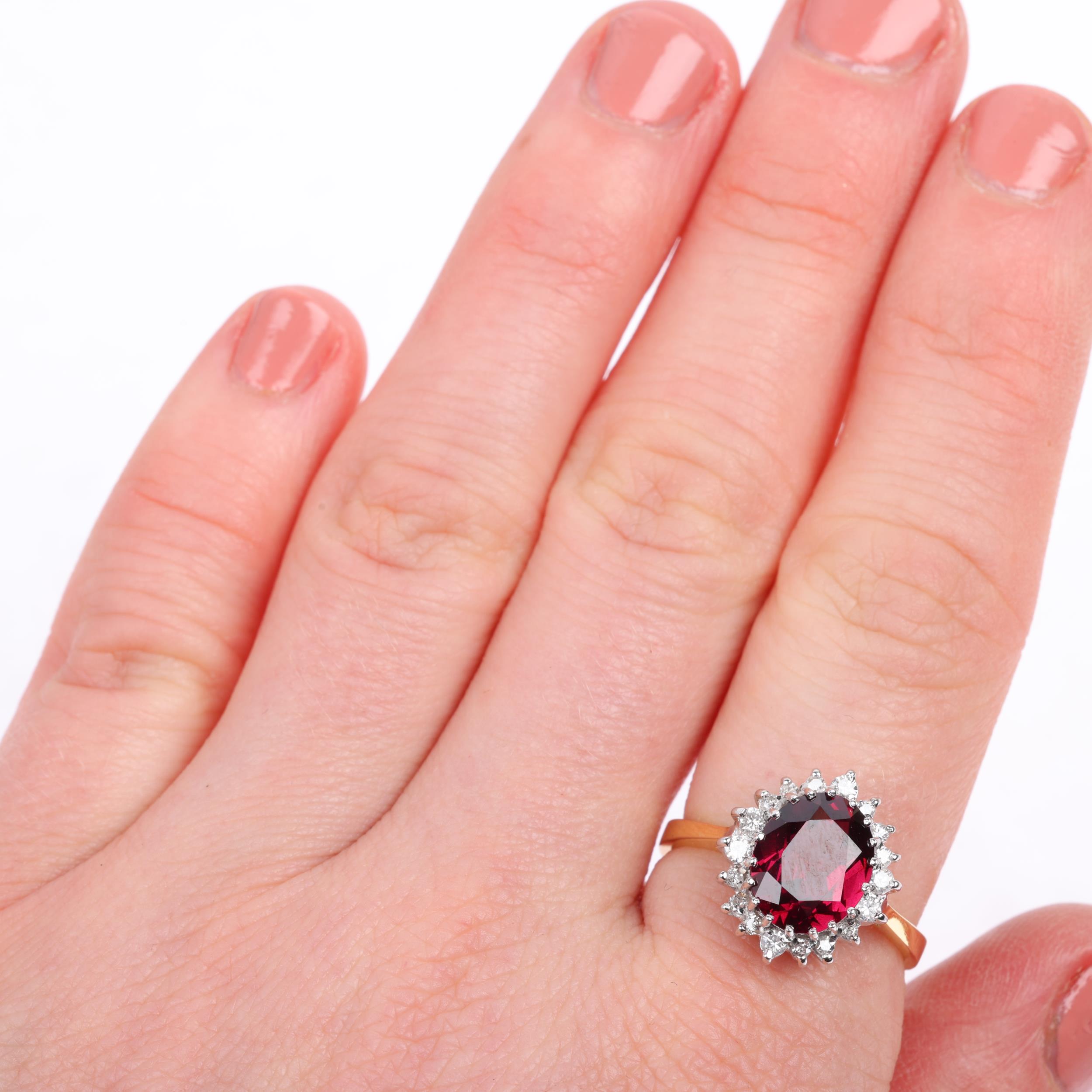 A late 20th century 18ct gold almandine garnet and diamond oval cluster ring, maker R Ltd, London - Image 4 of 4