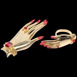 BUTLER & WILSON - a Vintage gilt-metal and red rhinestone hand matching brooch and ring set, size