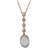 An Edwardian aquamarine and split pearl line pendant necklace, rub-over set with 4.35ct oval mixed-