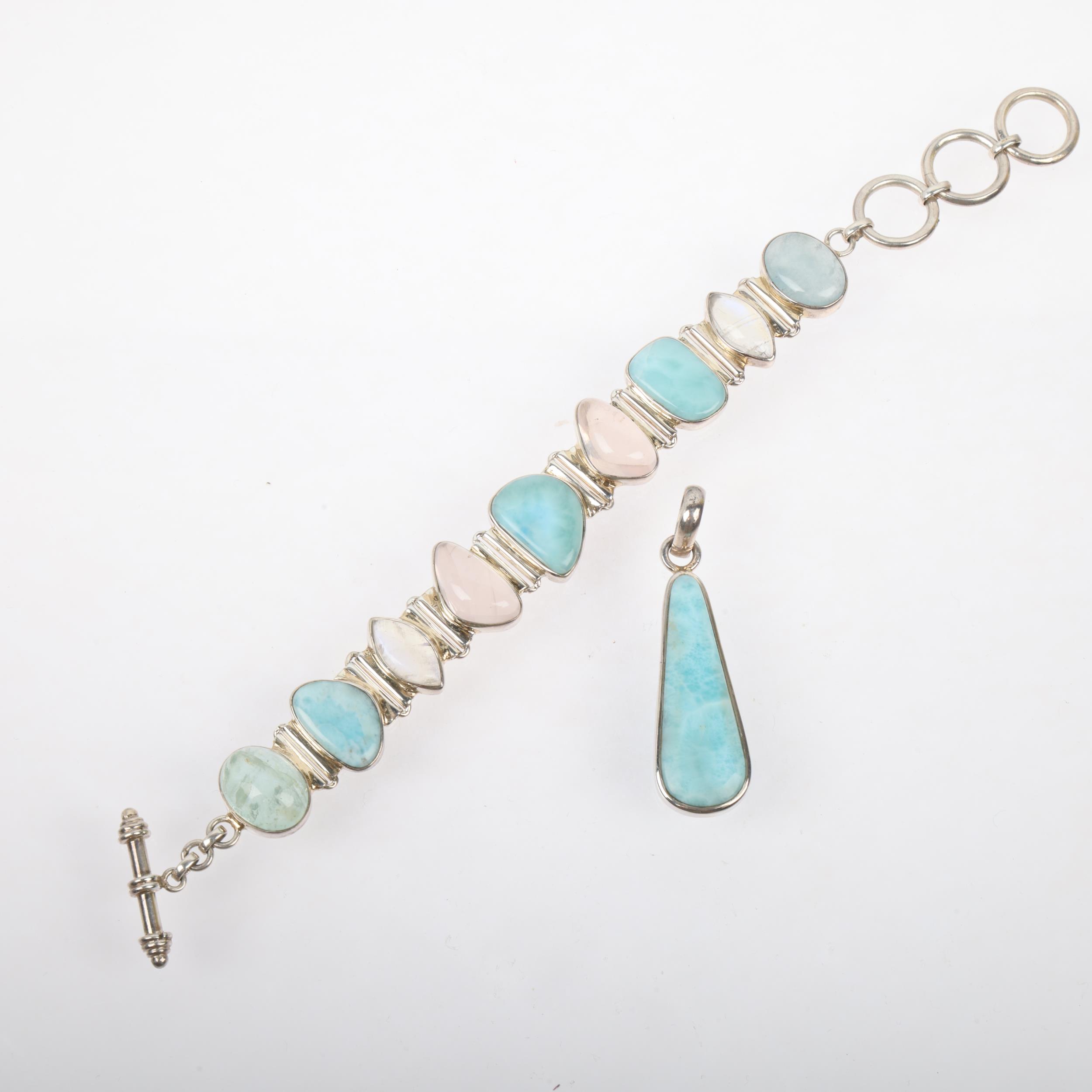 A modern sterling silver larimar and gem set bracelet and pendant set, bracelet 21.5cm, pendant 58. - Image 2 of 3