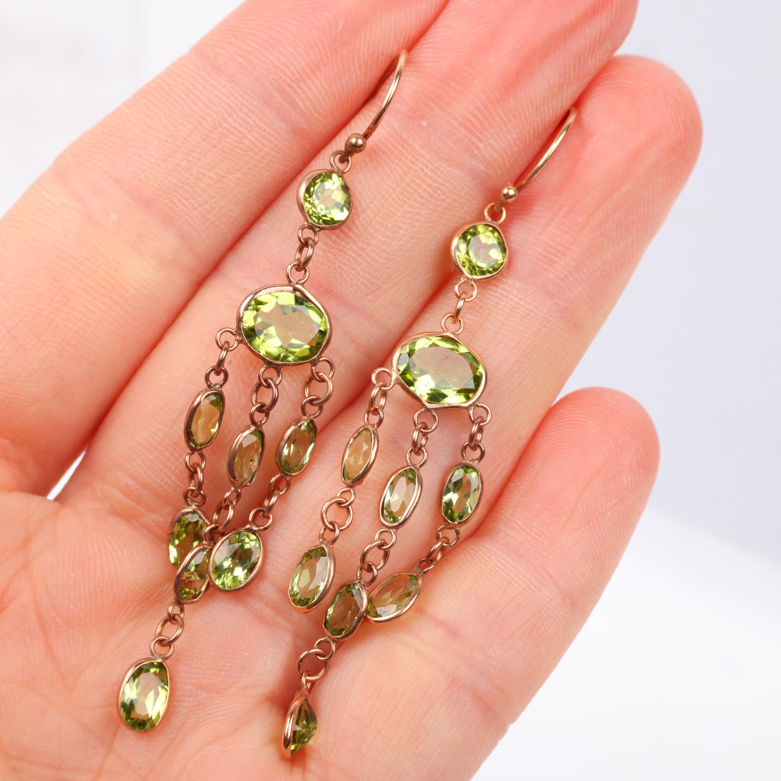 A pair of 9ct rose gold peridot triple drop earrings, maker SA, London 2017, set with oval and - Image 4 of 4