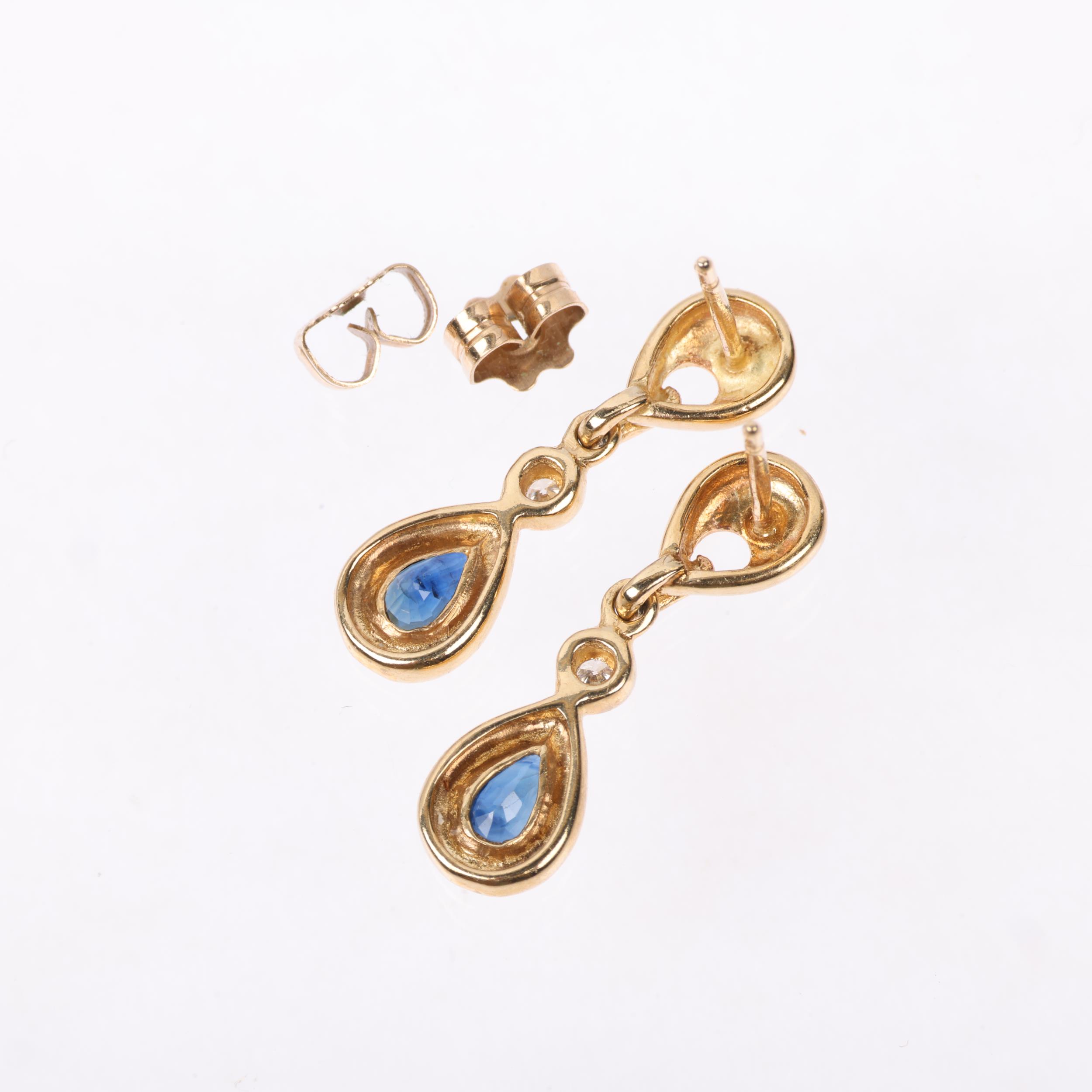 A pair of 9ct gold sapphire and diamond drop earrings, with stud fittings, 22.1mm, 2.1g Condition - Image 3 of 4