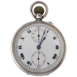 An early 20th century silver-cased open-face keyless chronograph pocket watch, white enamel dial