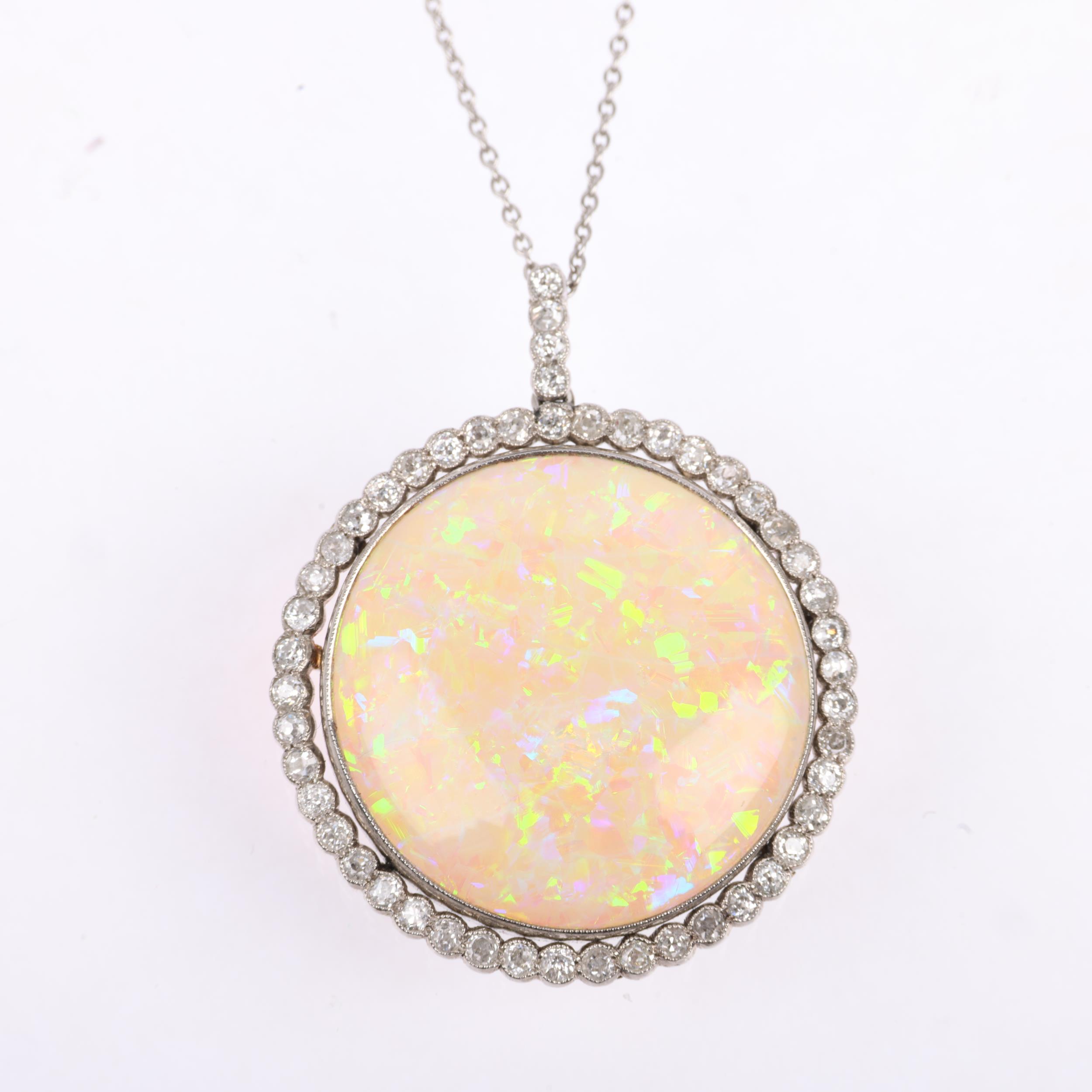 A Belle Epoque opal and diamond cluster pendant necklace, rub-over set with 15ct round cabochon opal - Image 4 of 5