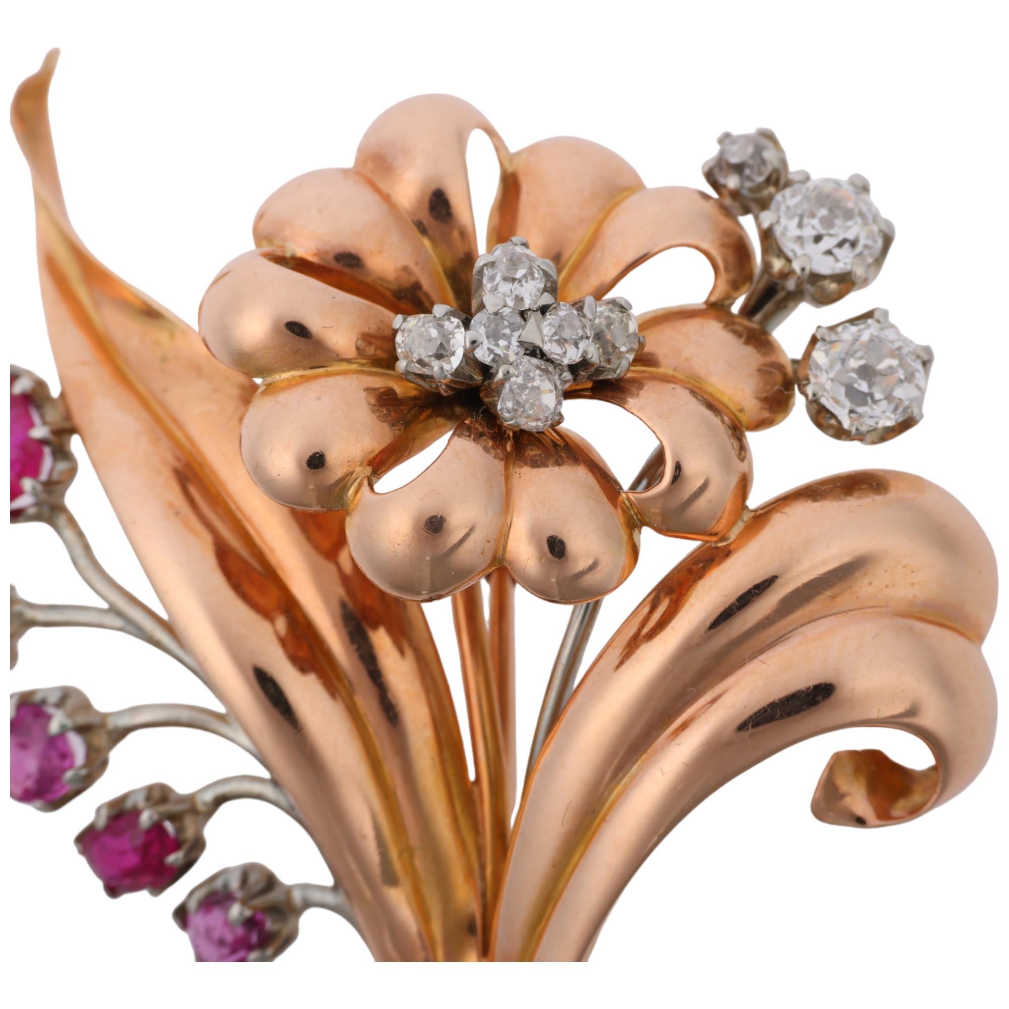 A 1950s 18ct rose gold ruby and diamond floral spray brooch, maker CBC?, set with oval mixed-cut - Image 2 of 4