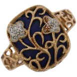 A modern 9ct gold lapis lazuli and diamond floral panel ring, setting height 13.9mm, size L, 2.7g