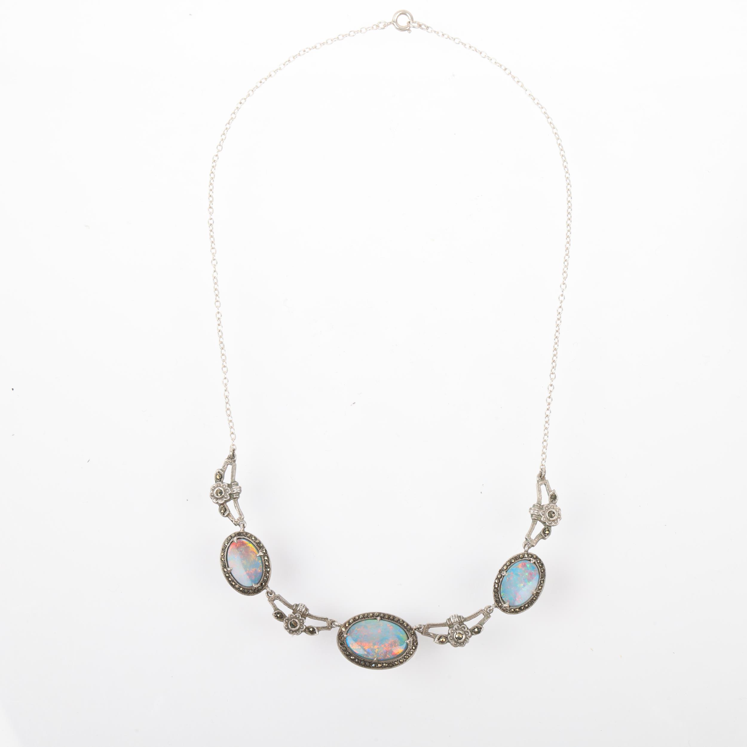 A Vintage sterling silver opal doublet and marcasite fringe necklace, 40cm, 9.9g Condition Report: 6 - Image 3 of 3