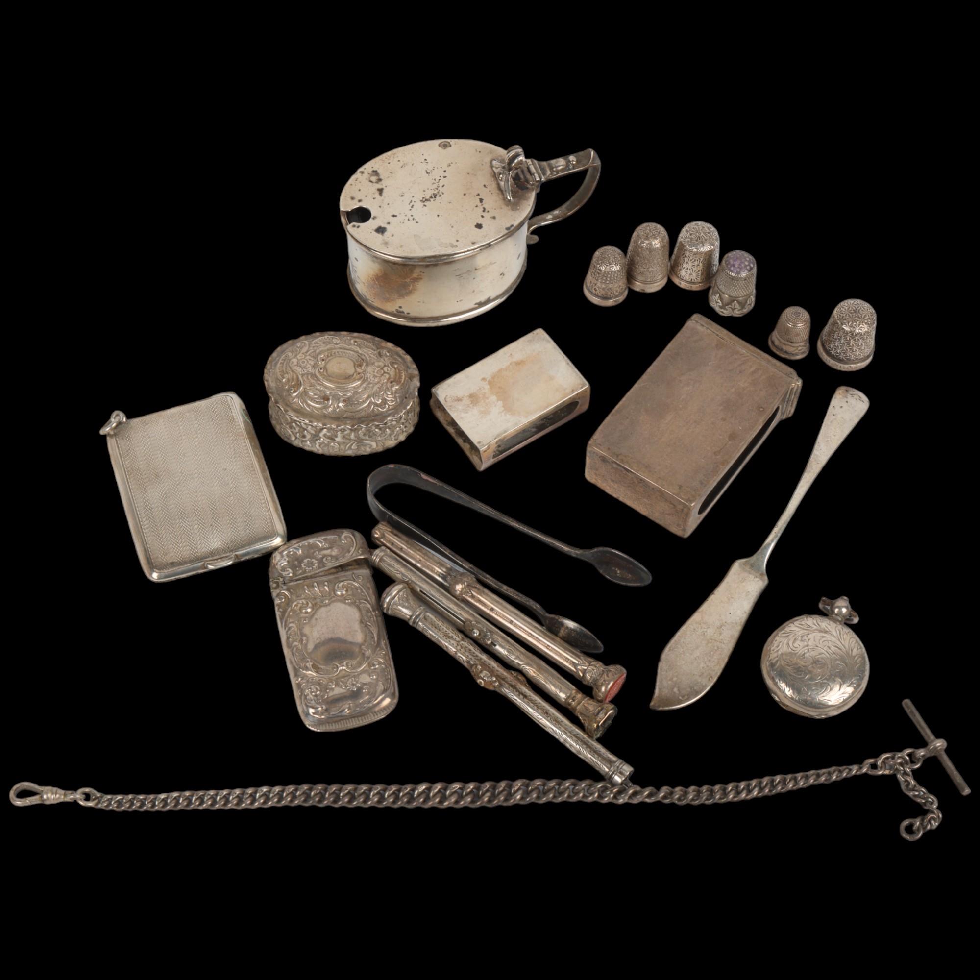 Various silver, including Antique Albert chain necklace, mustard pot, sovereign case, matchbox
