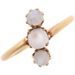 An Edwardian 18ct gold three stone moonstone ring, indistinct maker, Birmingham 1908, claw set