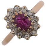 A late 20th century 9ct gold ruby and diamond oval cluster ring, maker MM Ltd, London 1983,