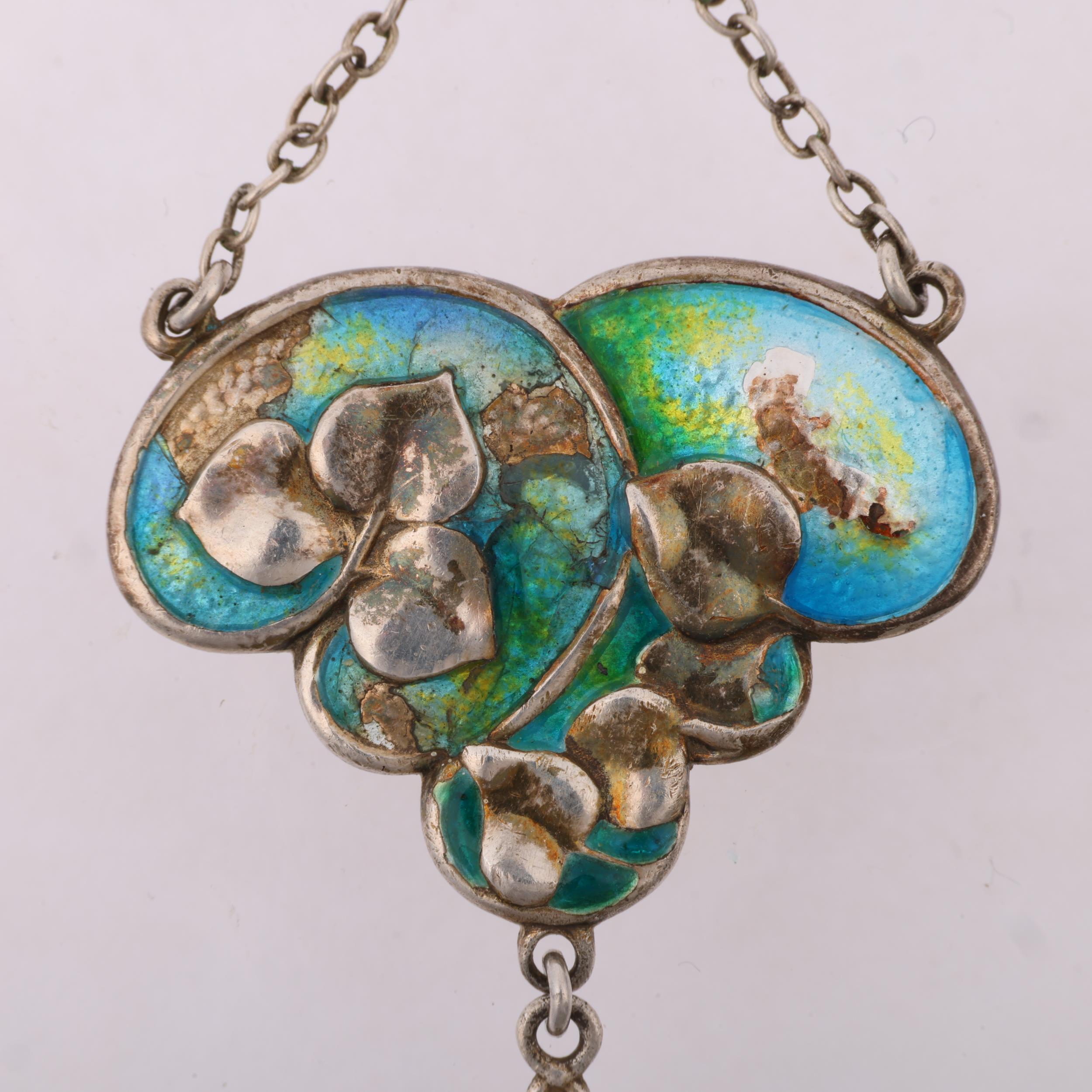 CHARLES HORNER - an Art Nouveau silver and peacock enamel floral lavalier pendant, maker CH, - Image 2 of 3