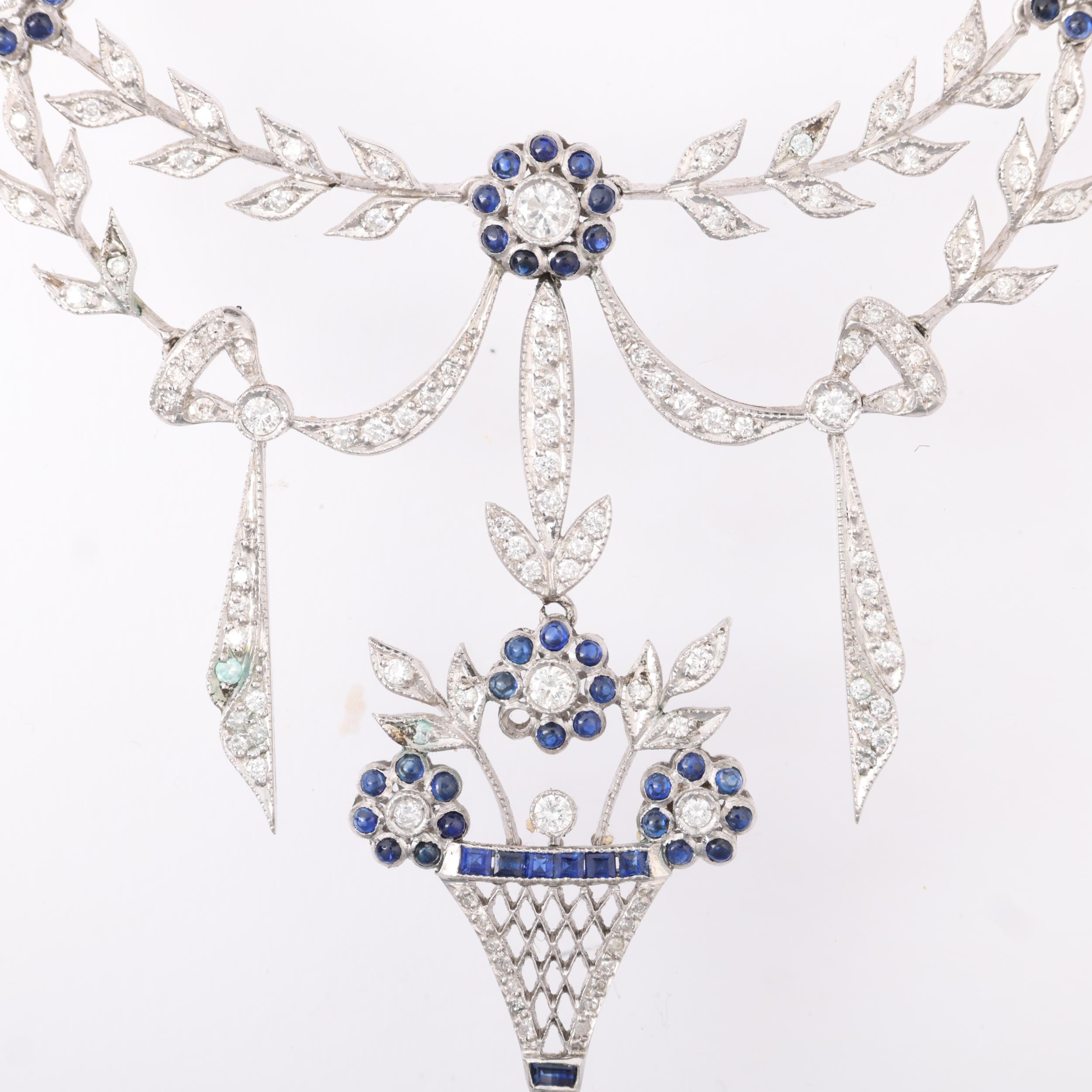 A Fine Belle Epoque sapphire pearl and diamond floral swag lavaliere necklace, the central Baroque - Image 2 of 4