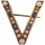 A Victorian sapphire pearl and diamond initial V brooch, apparently unmarked, 25.4mm, 3.2g Condition