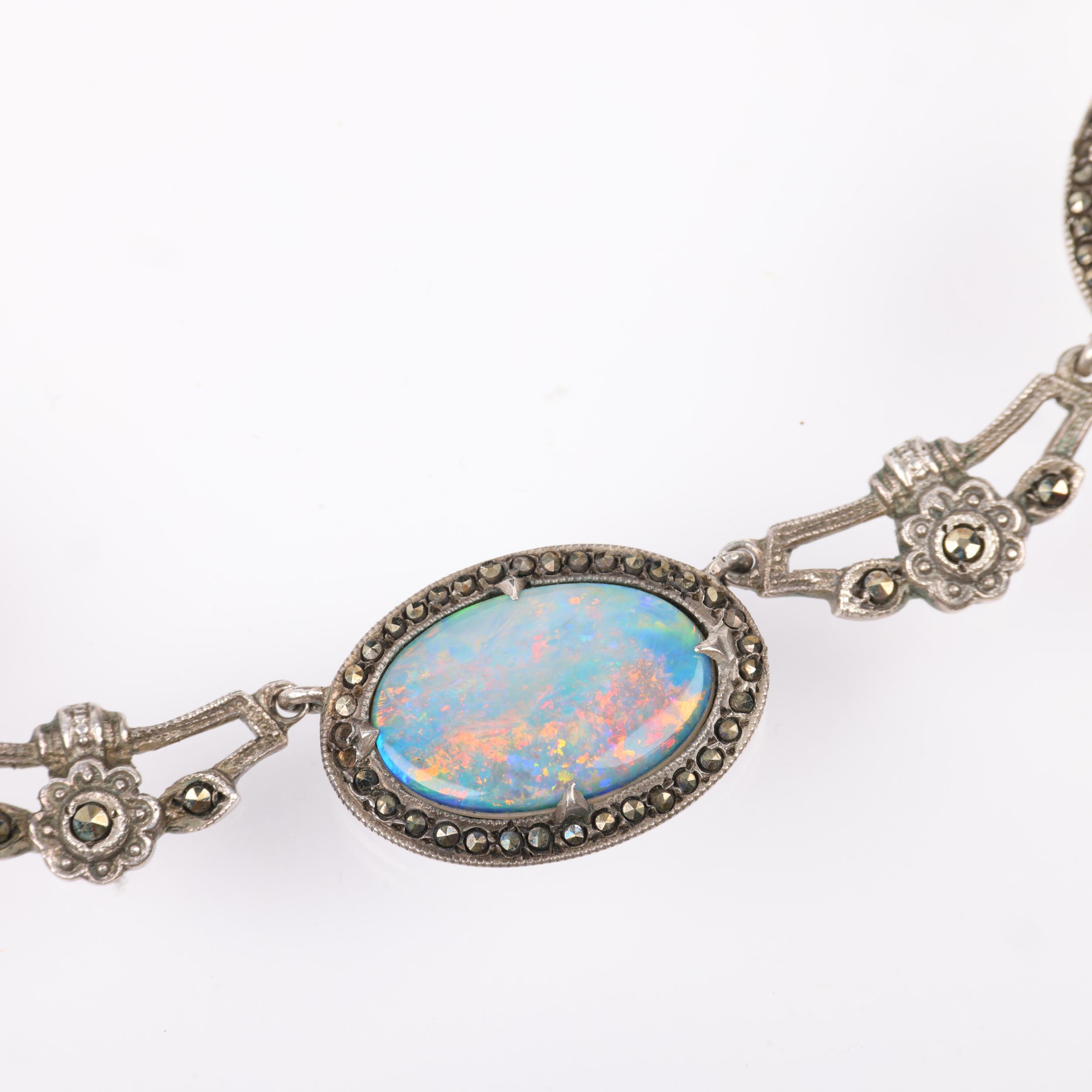 A Vintage sterling silver opal doublet and marcasite fringe necklace, 40cm, 9.9g Condition Report: 6 - Image 2 of 3