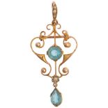 An Edwardian 9ct gold blue paste and pearl openwork pendant/brooch, 48.9mm, 3g Condition Report: