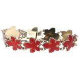 MEKA - a Danish stylised sterling silver-gilt red enamel maple leaf panel bracelet, 18cm, 26.7g