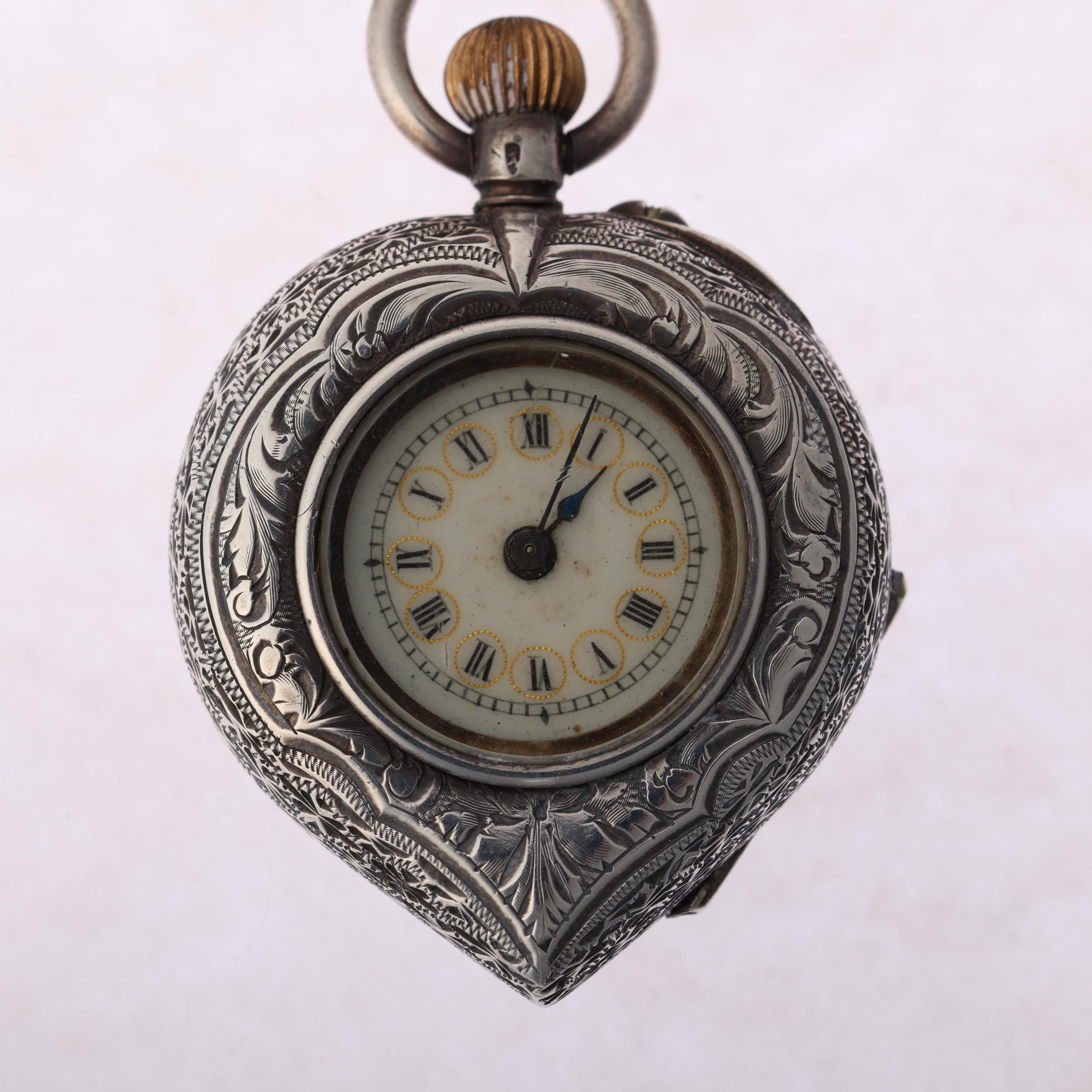 A Swiss silver heart open-face keyless fob watch, cream enamel dial with Roman numeral hour markers, - Image 2 of 5