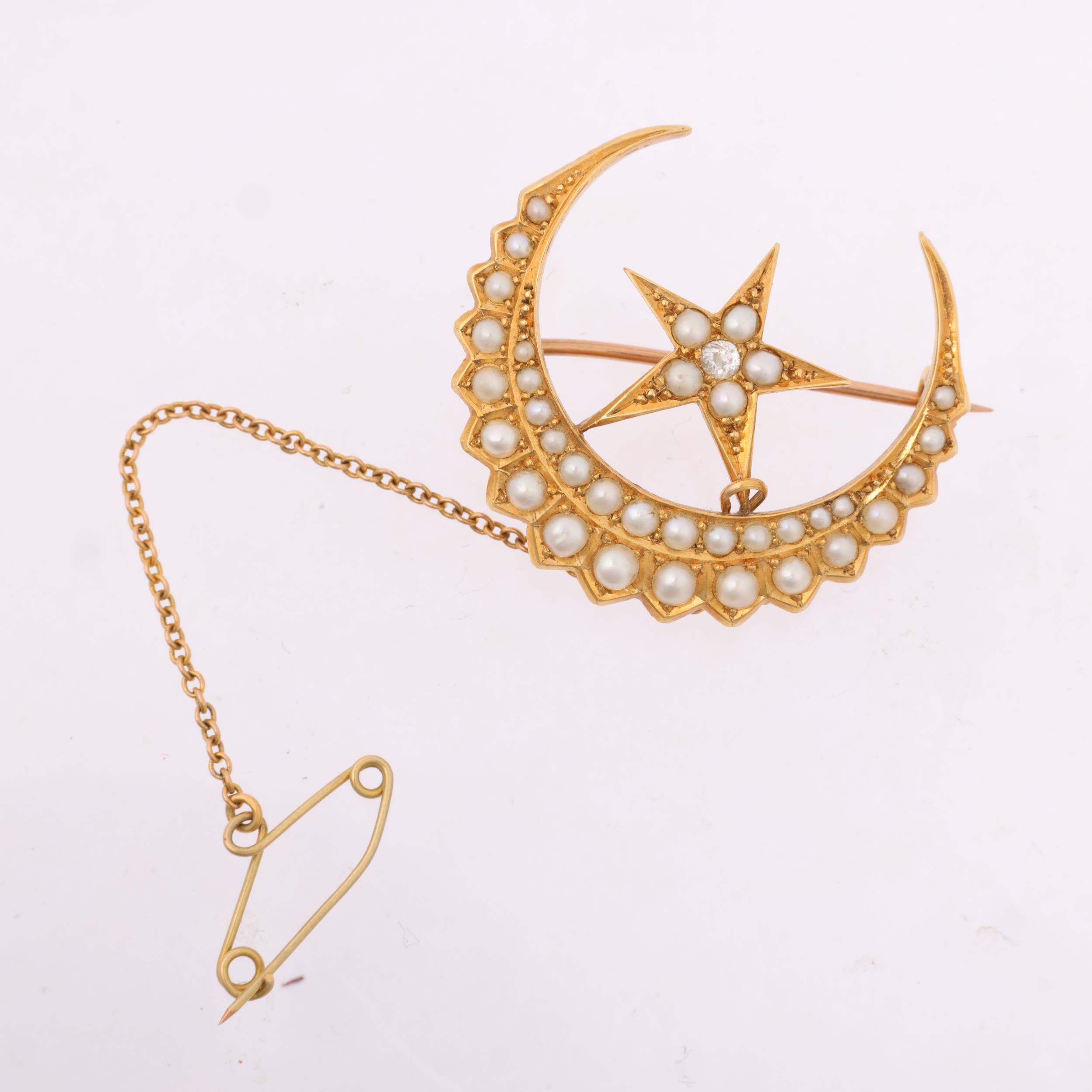 A Victorian 18ct gold split pearl and diamond crescent moon and star brooch, maker SS, circa 1880, - Image 2 of 4