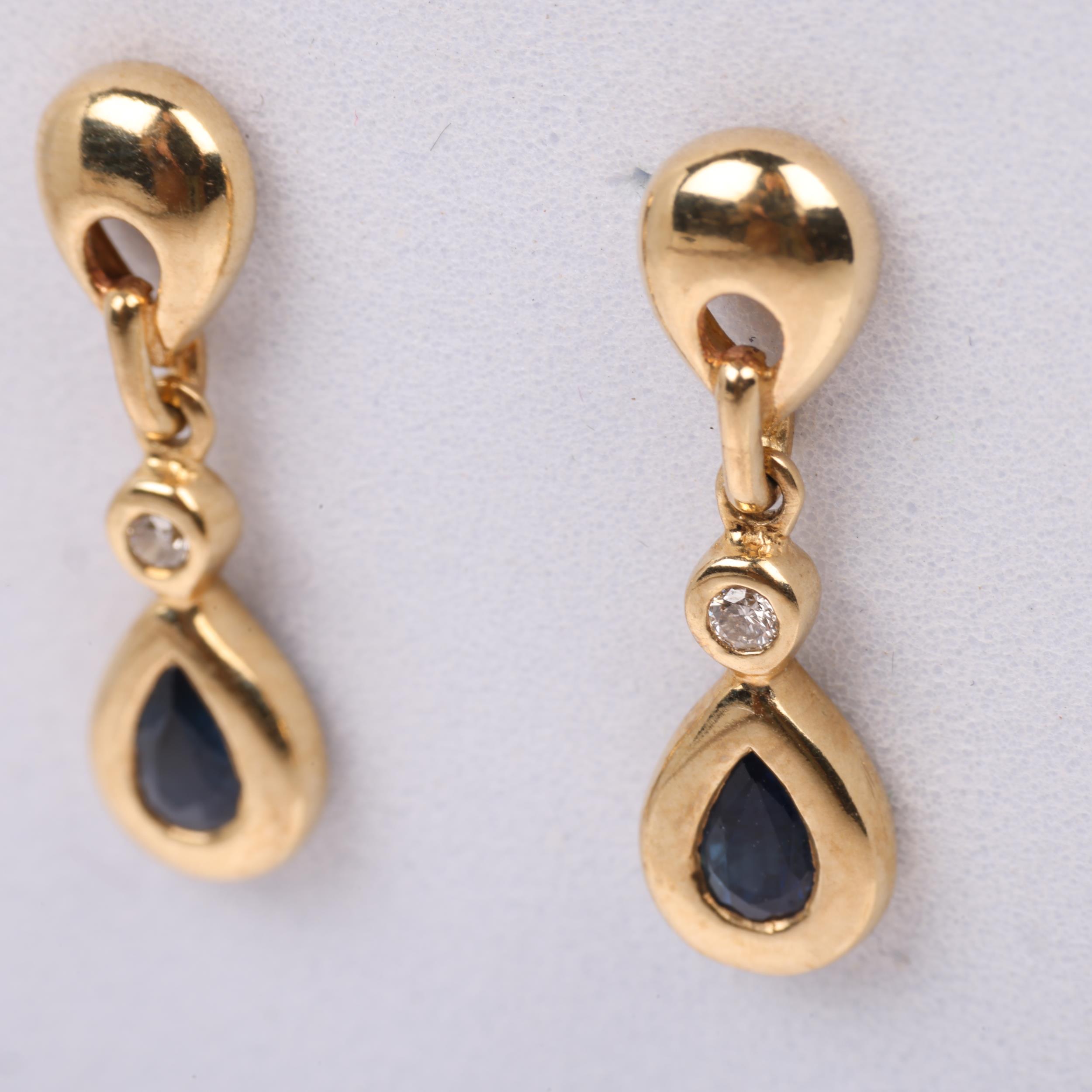 A pair of 9ct gold sapphire and diamond drop earrings, with stud fittings, 22.1mm, 2.1g Condition - Image 2 of 4