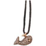 A modern 18ct rose gold pave diamond figural whale pendant necklace, indistinctly signed, on cord